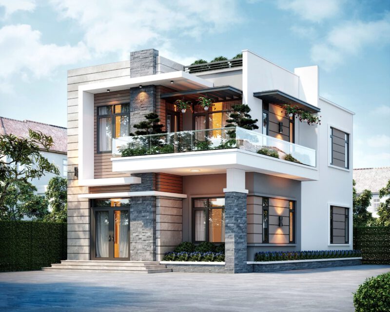 Mẫu biệt thự 2 tầng hiện đại TN20 khi nhìn từ bên phải