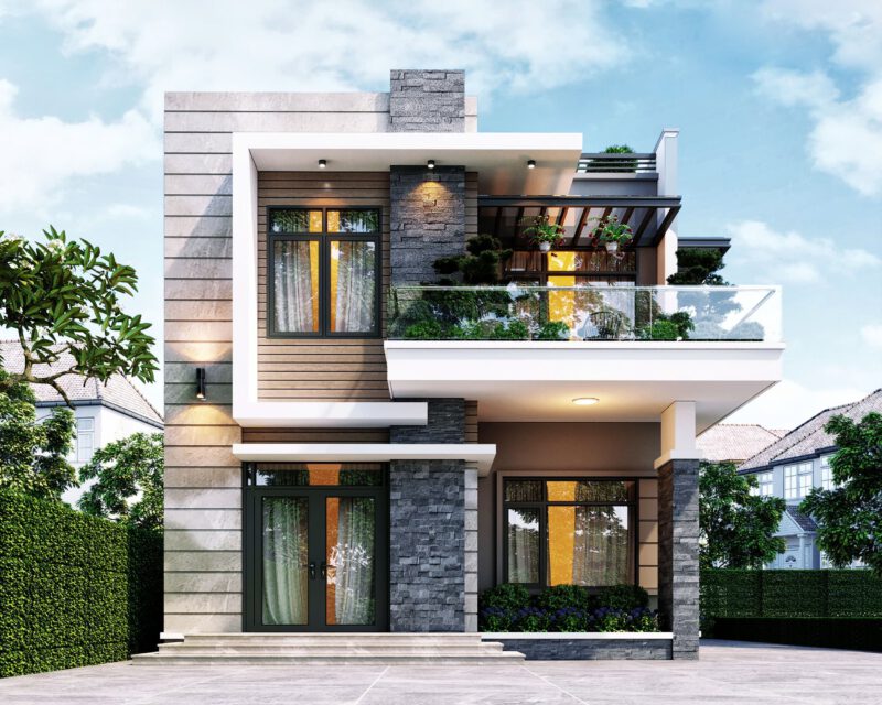 Mặt tiền mẫu biệt thự 2 tầng hiện đại nổi bật TN20