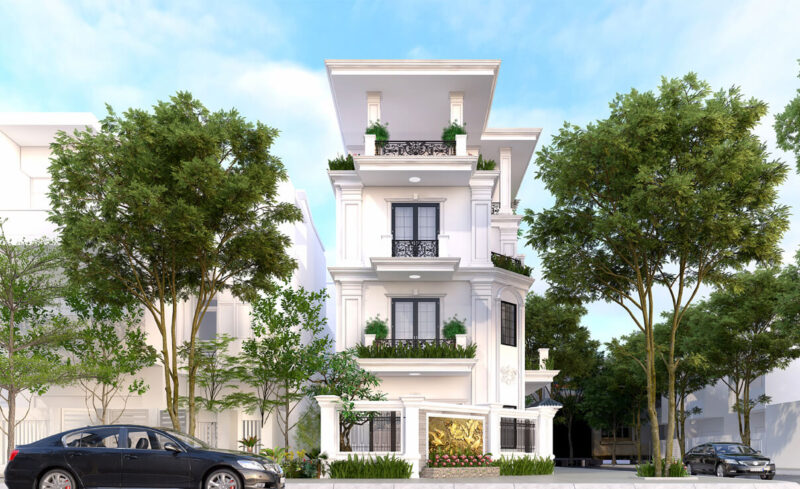 Mặt tiền mẫu biệt thự 3 tầng 2 mặt tiền