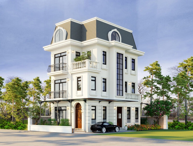 Mẫu biệt thự 3 tầng có gara tân cổ điển đẳng cấp nhìn từ bên phải